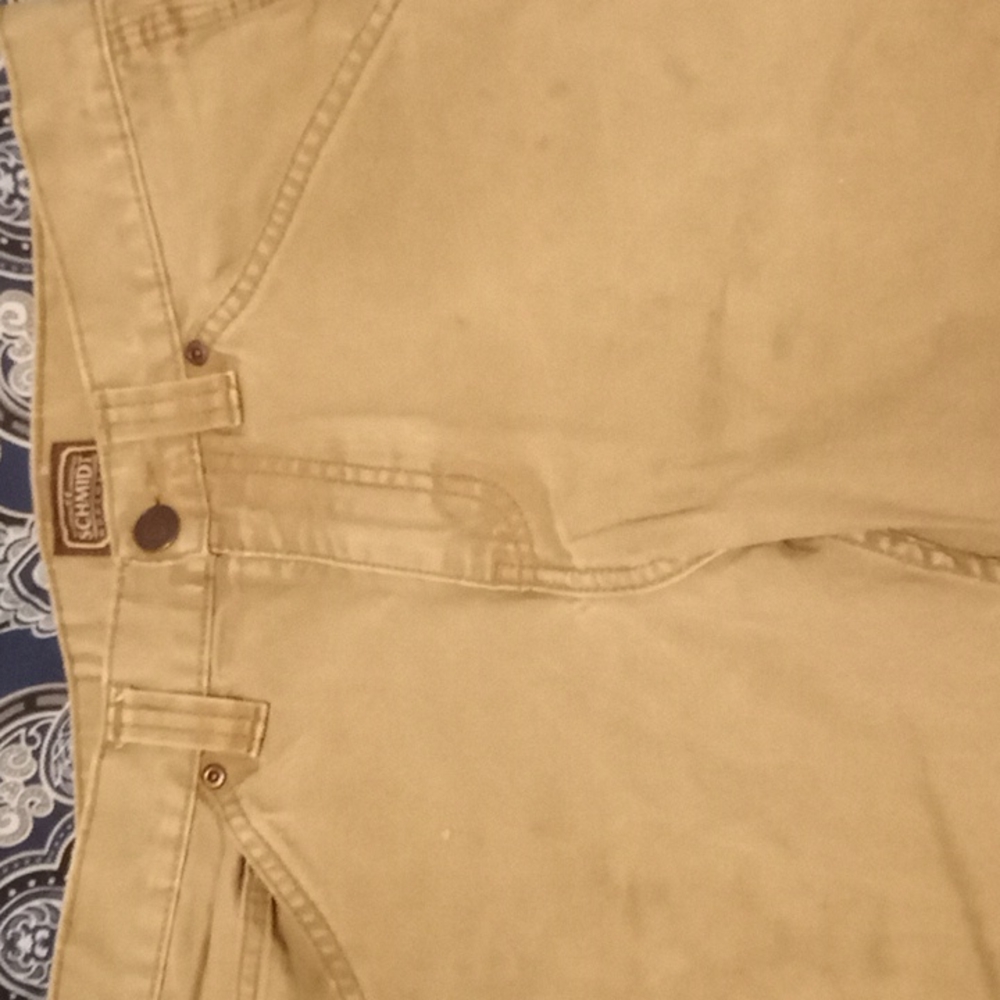 Schmidt work pants, 5 pocket, brown, 30×32.  Slightly stained